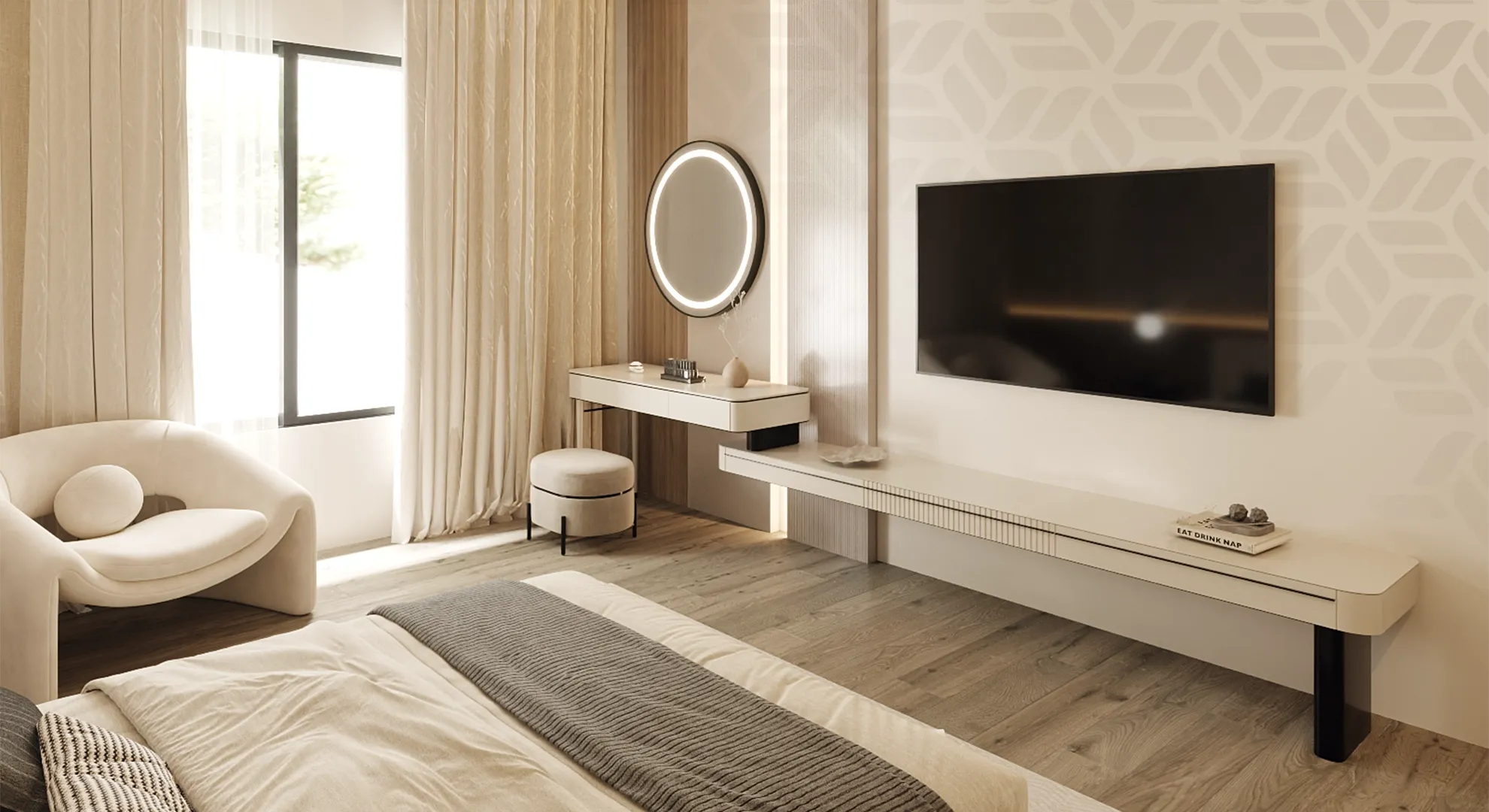 Residential Interior Design of a Modern Master Bedroom showcasing the TV Unit and dresser render designed by Misaha for Interior Design & Construction company